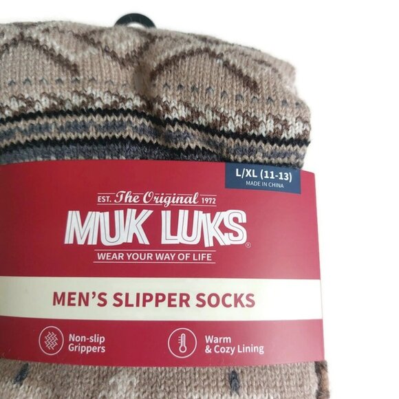 MUK LUKS Mens Slipper Socks Size L/XL Shoe Size 11/13 Tan Tree Warm Comfortable - Picture 2 of 5